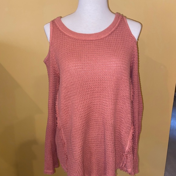 Free People Cold Shoulder Sunrise Sweater in Coral - Picture 4 of 7